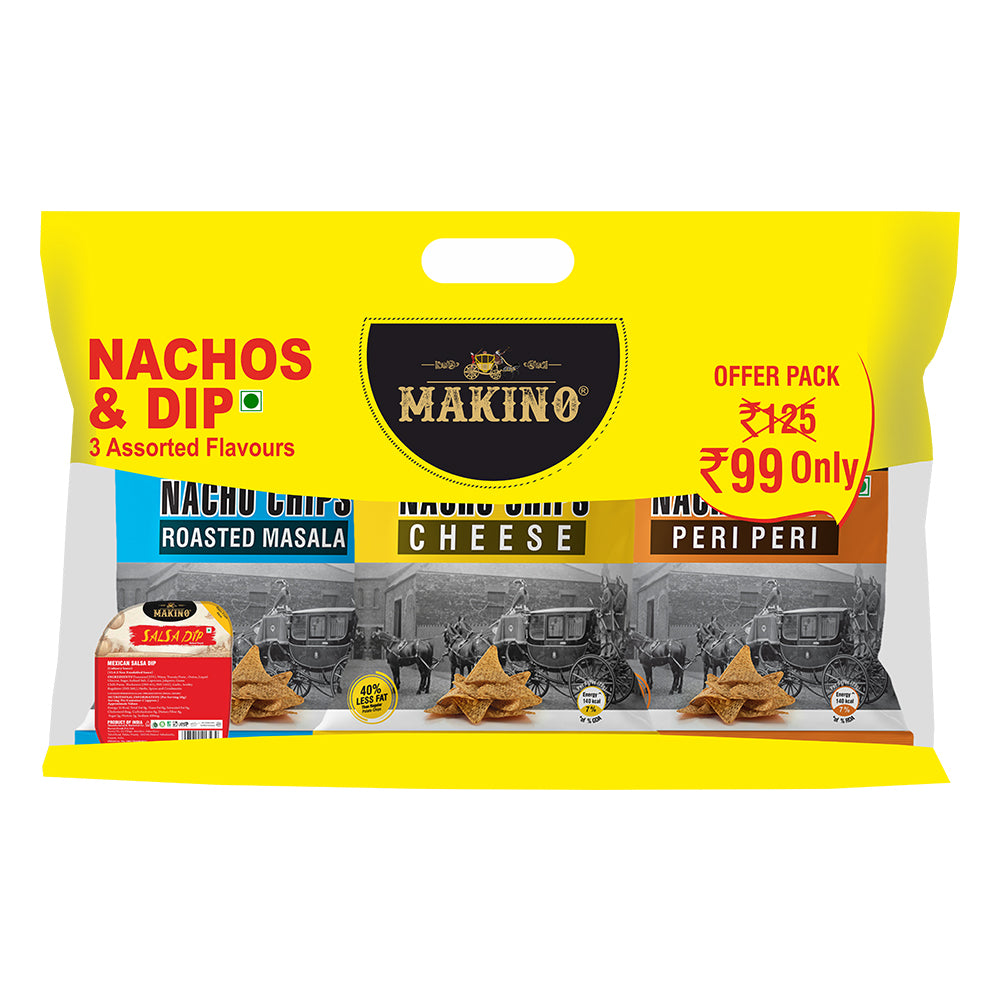 Makino Discounted Combo Bag with 3 Assorted Nachos & 1 Salsa Dip (Each 220 gm) (4 bags x 220 gm)
