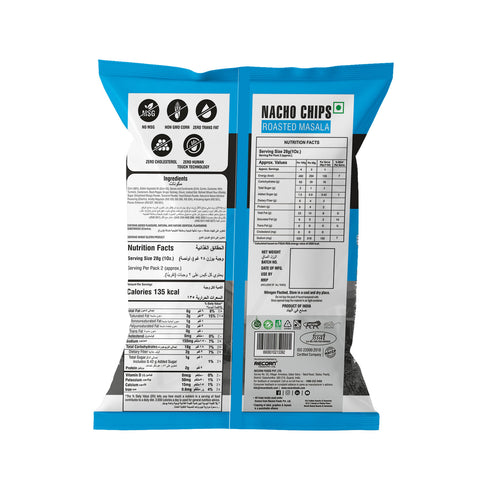 Information of Makino Roasted Masala Nachos Corn Chips Ingredients, Manufacturing, Nutrition facts and MRPs.