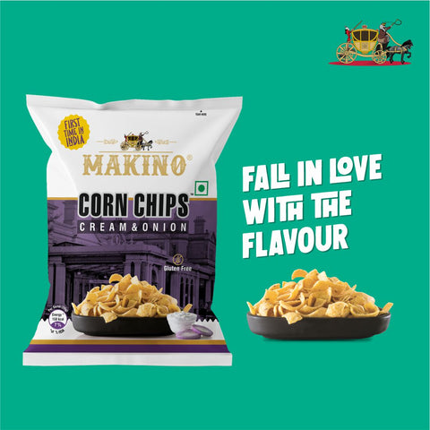 Makino Cream and Onion Corn Chips served in a bowl. A quote hich says Fall in Love with the flavour