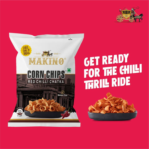 Makino Red Chilli Chatka Corn Chips served in a bowl. A quote hich says Get ready for the Chiili trill Ride.